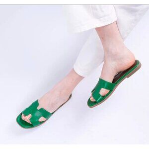 Steven New York Green Leather H Strap Slides Sandals Square Toe Women’s Size 8.5